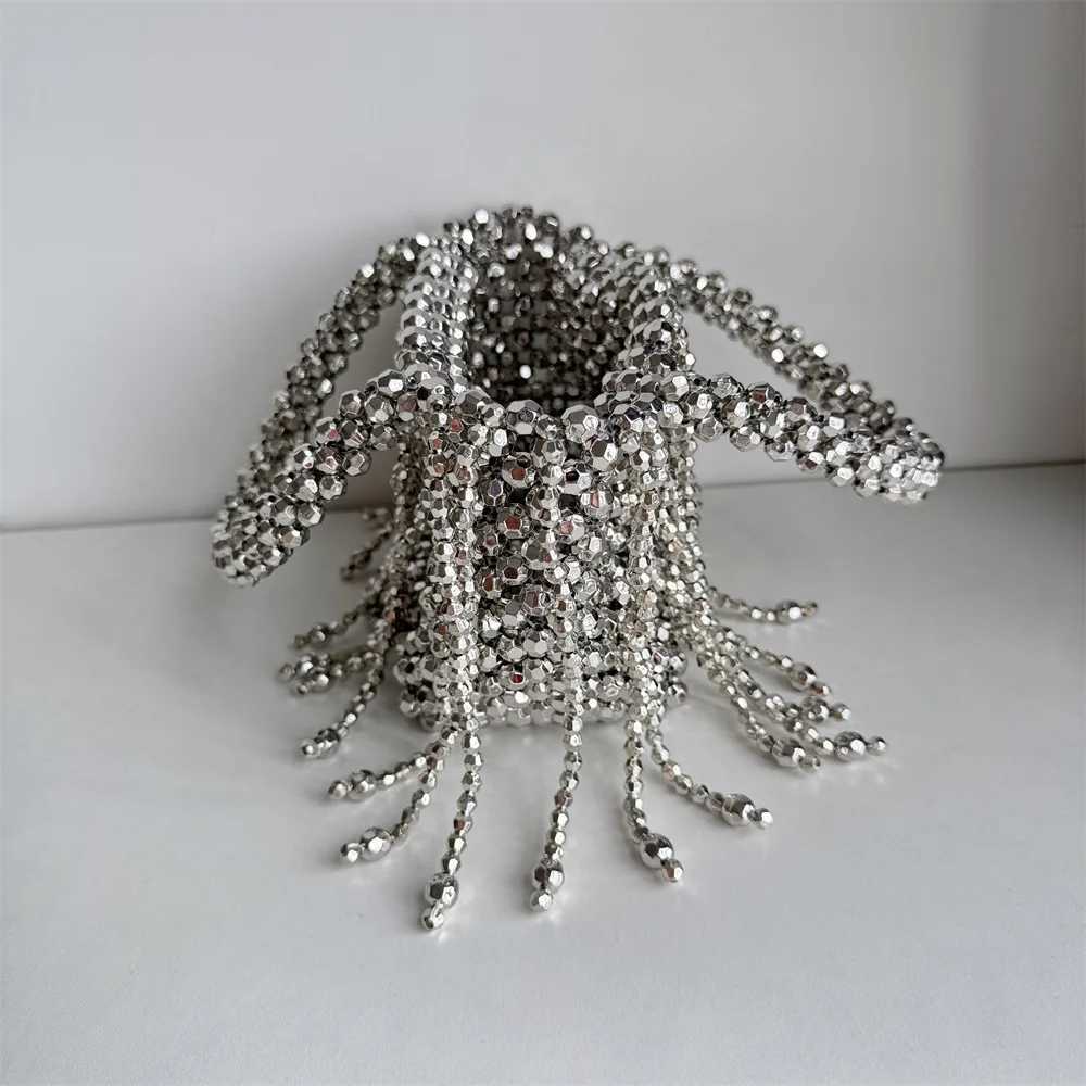 Handmade Silver Beaded Bags for Women Handbags Tassel Fashion Trend Beach Vacation Beading Phone Clutch Party 241010