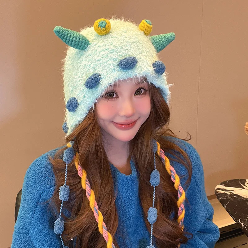 Cashmere Cute Little Monster Hat Brimless Hat Autumn Winter Warm Plush Handmade Knit Hat Cute Silly Funny Wool Hat Plush Hat 241007