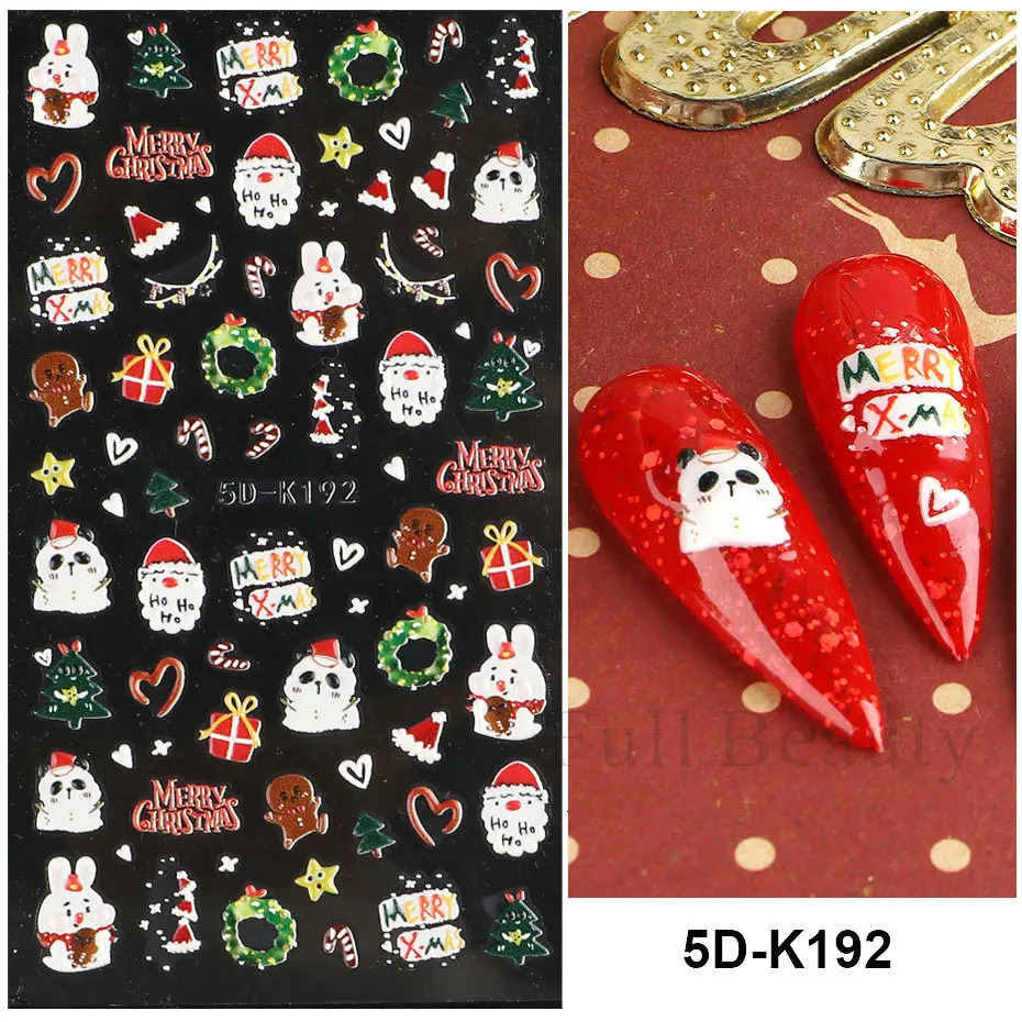 5D Merry Christmas Nail Stickers Cute Snowman Elk Embossed Snowflake Sweater Slide Year Decoration LA5D-K193 241008