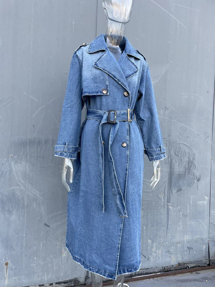 Womens long denim trench coat waist belt ultra-thin jeans womens Jaqueta womens blue jeans womens jacket 240927