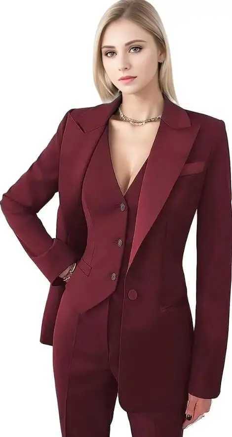 Fuchsia casual womens office suit jacket+vest+pants 3 pieces white formal womens business dress W241009