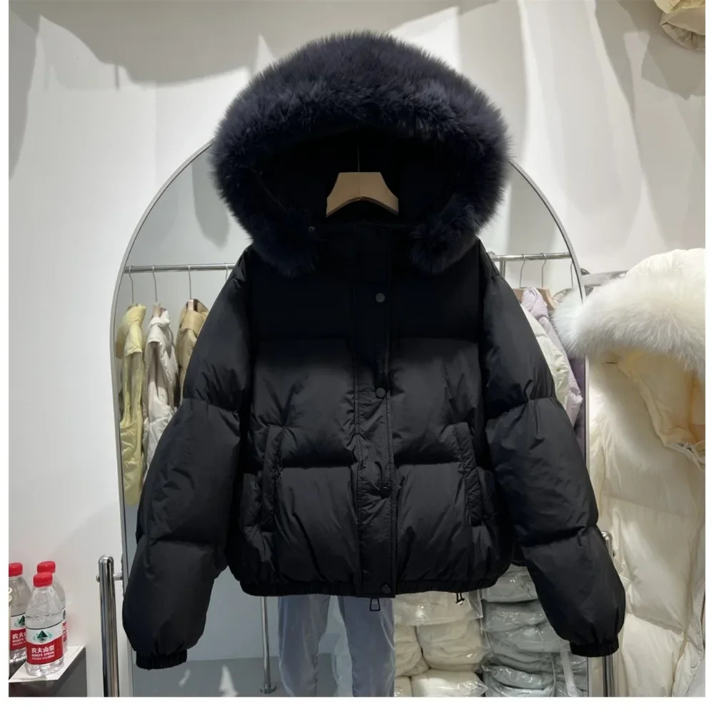 Real big fur collar hooded fur coat inflatable jacket fashionable white duck down jacket womens winter womens loose coat 241007