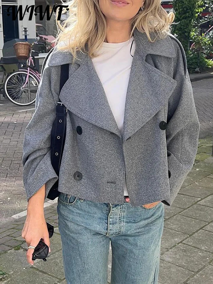 Casual single chest wool coat womens loose collared long sleeved short sleeved coat autumn and winter elegant gray coat 241007