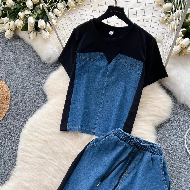Neploe Simple Fashion Short Sleeve Spliced Denim Top WomensHigh Waist Wide Leg Pants Summer Two Piece Set 241008