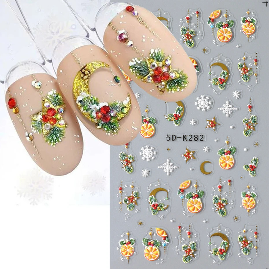 5D Holly Orange Christmas Nail Stickers Winter Snowflake Moon Cartoon Santa Claus Elk Year Nail Stickers Decoration 241008