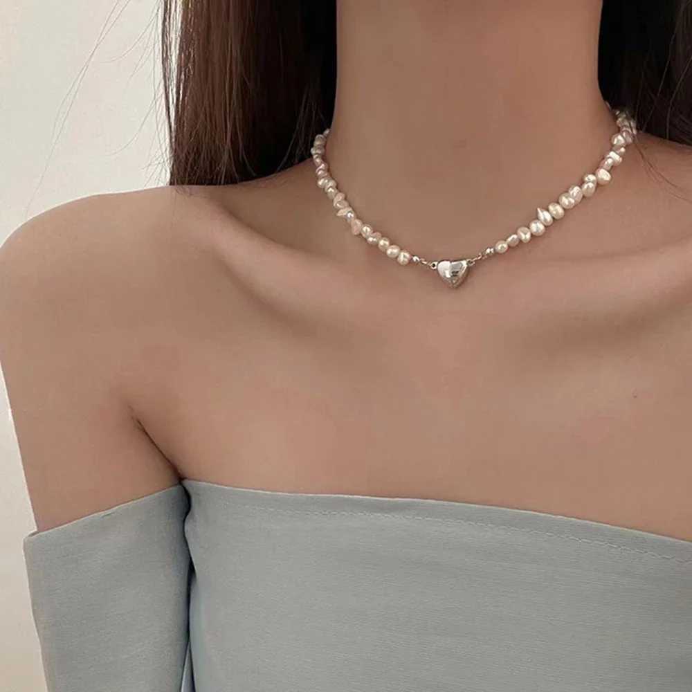 FSUNION 2024 Fashion Korean Pearl Chain Choker Necklace Magnetic Heart Pendant For Women Girls Jewelry Bridal Engagement GiftsX241009