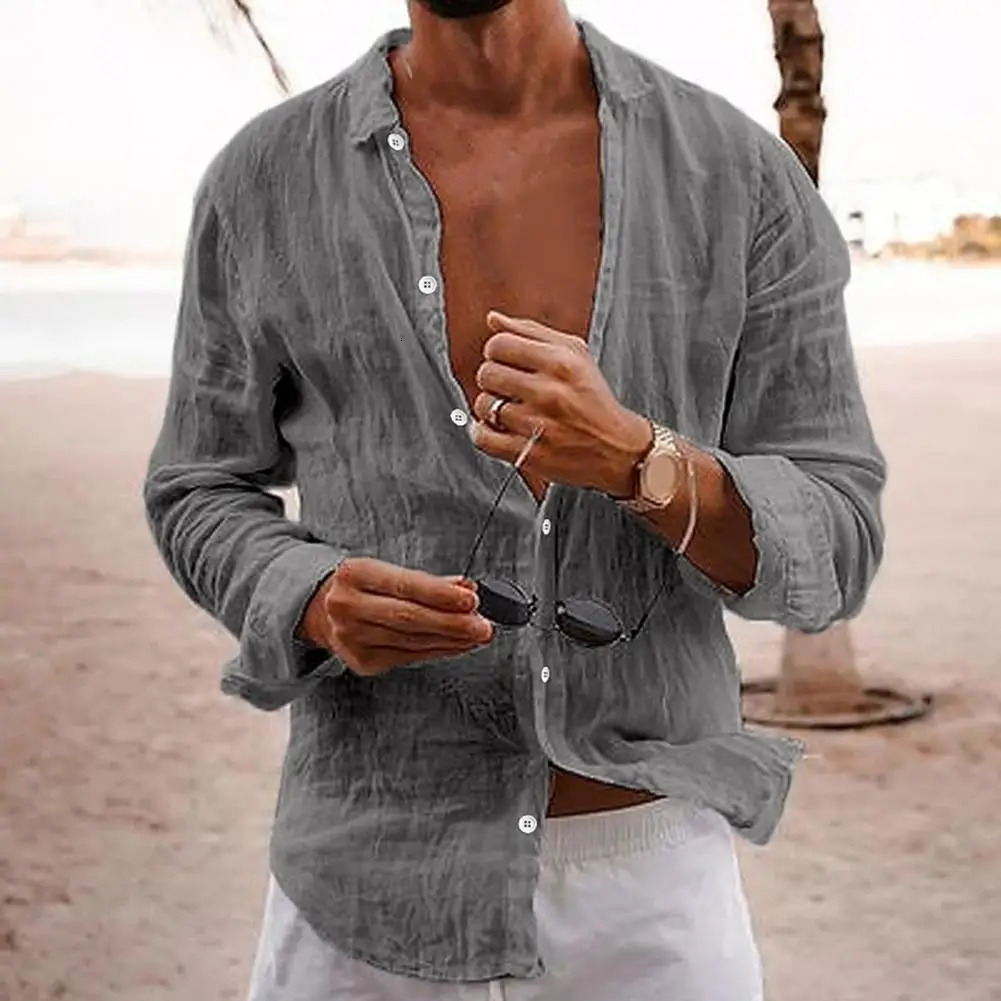 Cotton Linen Men Lapel Long Sleeve Shirt Tops Pleated Thin Solid Color Single Breasted V-neck Casual Shirt Tops Breathable Shirt 241010