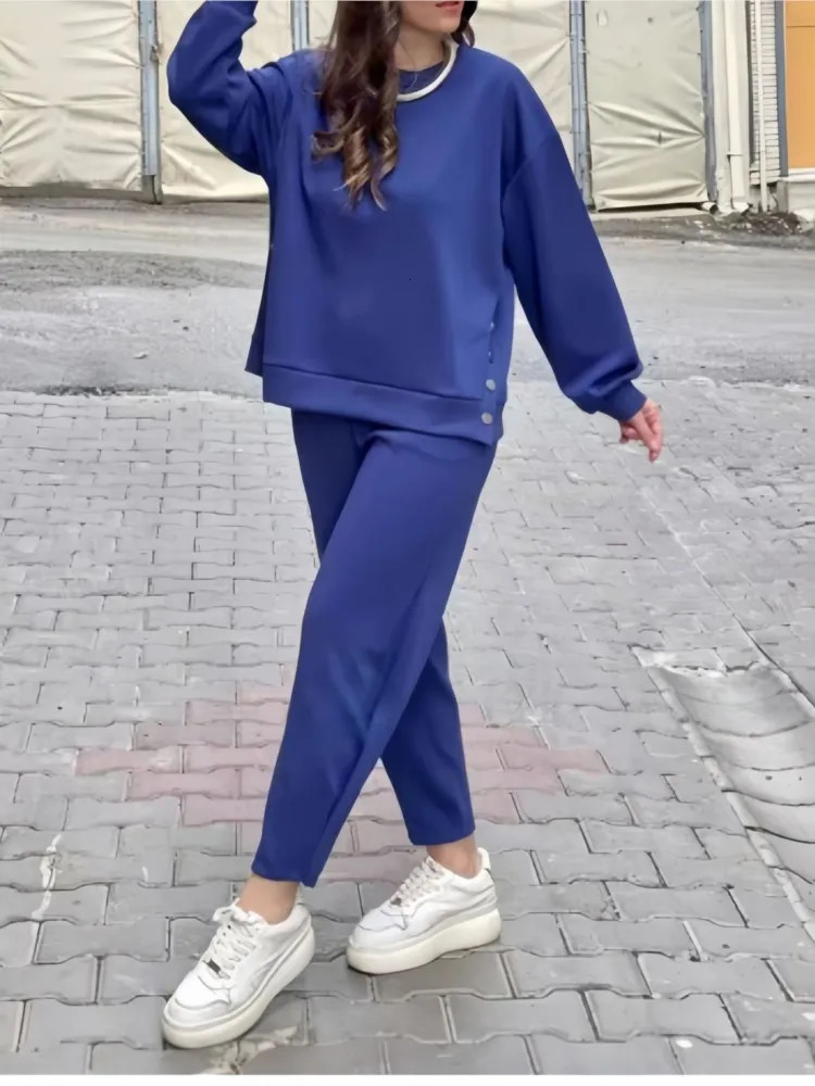 Casual sports style pants set womens solid color button up sweatshirt Trouser twopiece sportswear 241008