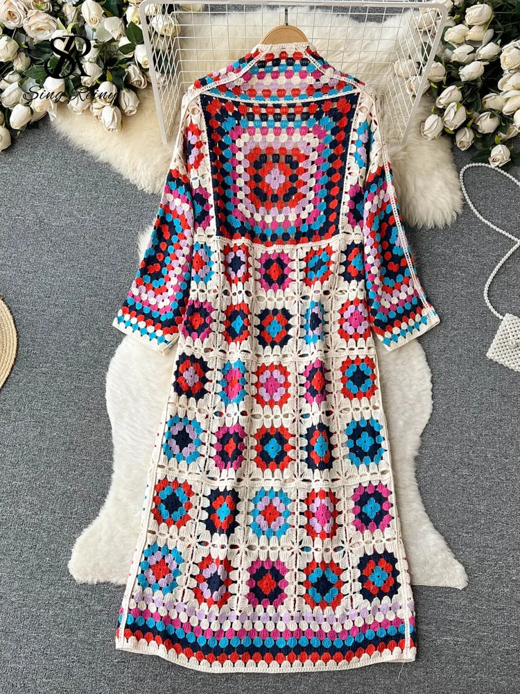 SINGREENY Summer Holiday Beach Long Cardigan Spring Fashion Retro Flower Knitted Cardigan Street Loose Hollow Jacket 241010