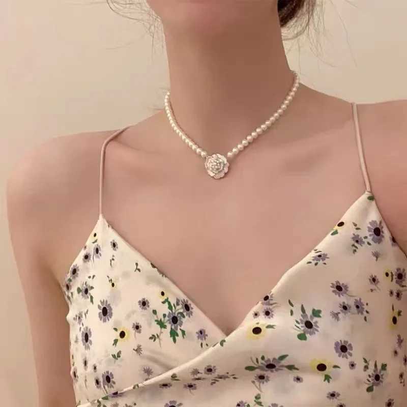 Camellia Pearl Necklace Womens Clavicle Chain Choker Korean Dongdaemun Same StyleX241009