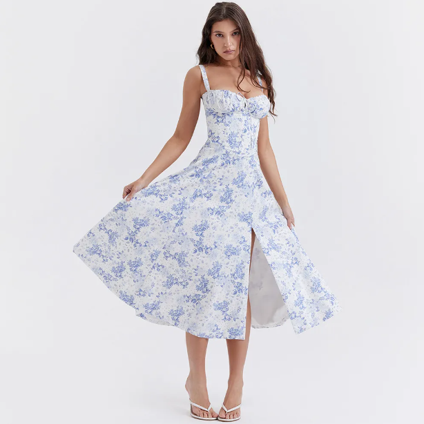 House Of Cb Casual Corset Split Skirt Bow Tie Chest Frill Details Print ral Midi Dresses Back Lace Up Robe Clothing Women's Summer Long Dress 17c