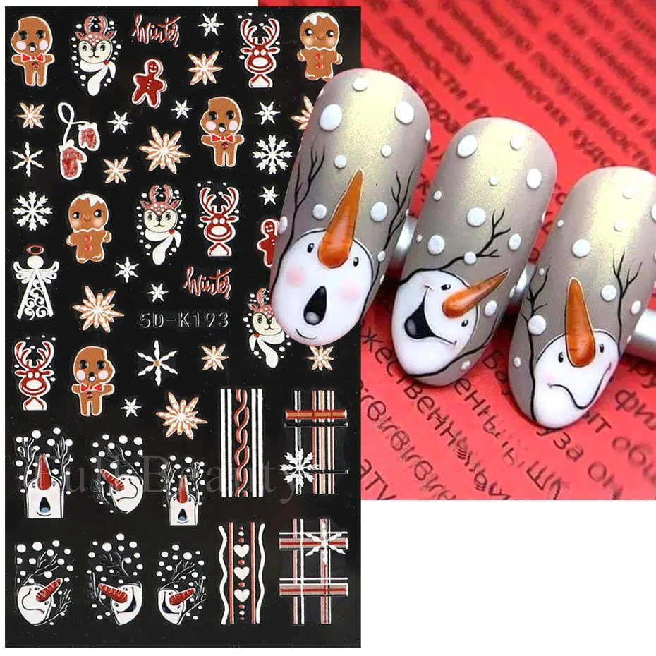 5D Merry Christmas Nail Stickers Cute Snowman Elk Embossed Snowflake Sweater Slide Year Decoration LA5D-K193 241008