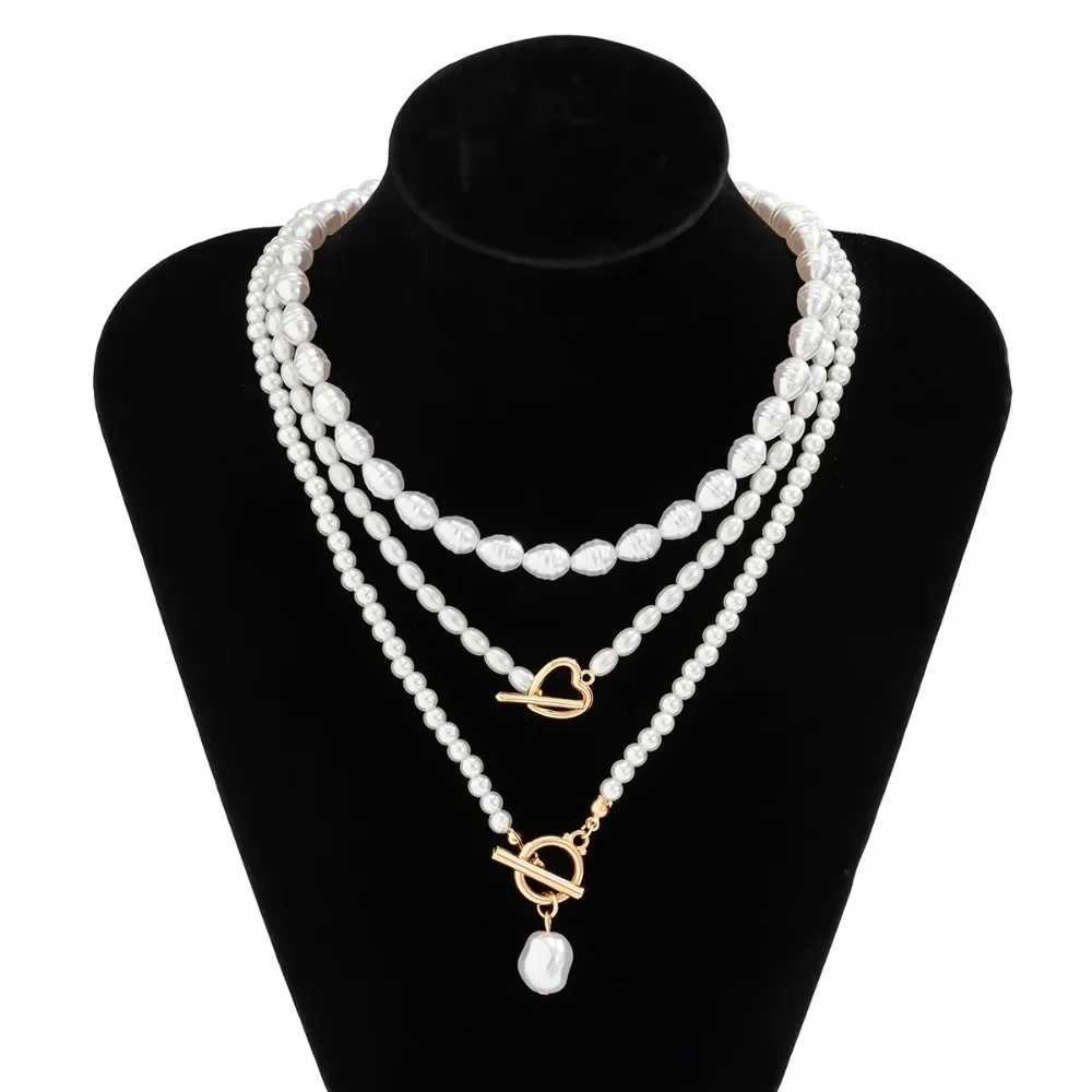 Multilayer Imitation Baroque Pearl Pendant Necklace Women Wed Bridal Goth Bead Chain Y2K Accessories Neck Jewelry DecorationX241009