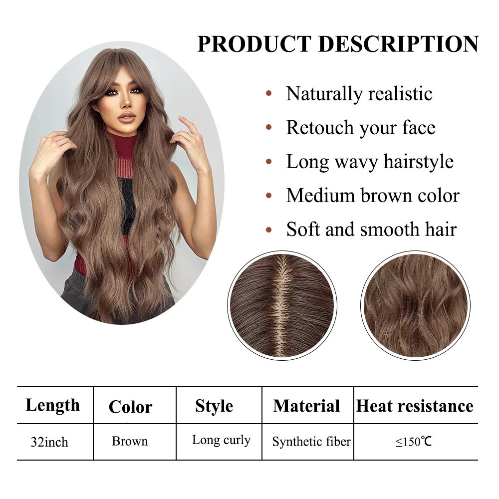 Ultra long curly chocolate brown synthetic hair wig with bangs African female role-playing water wave natural heat-resistant wig 241007