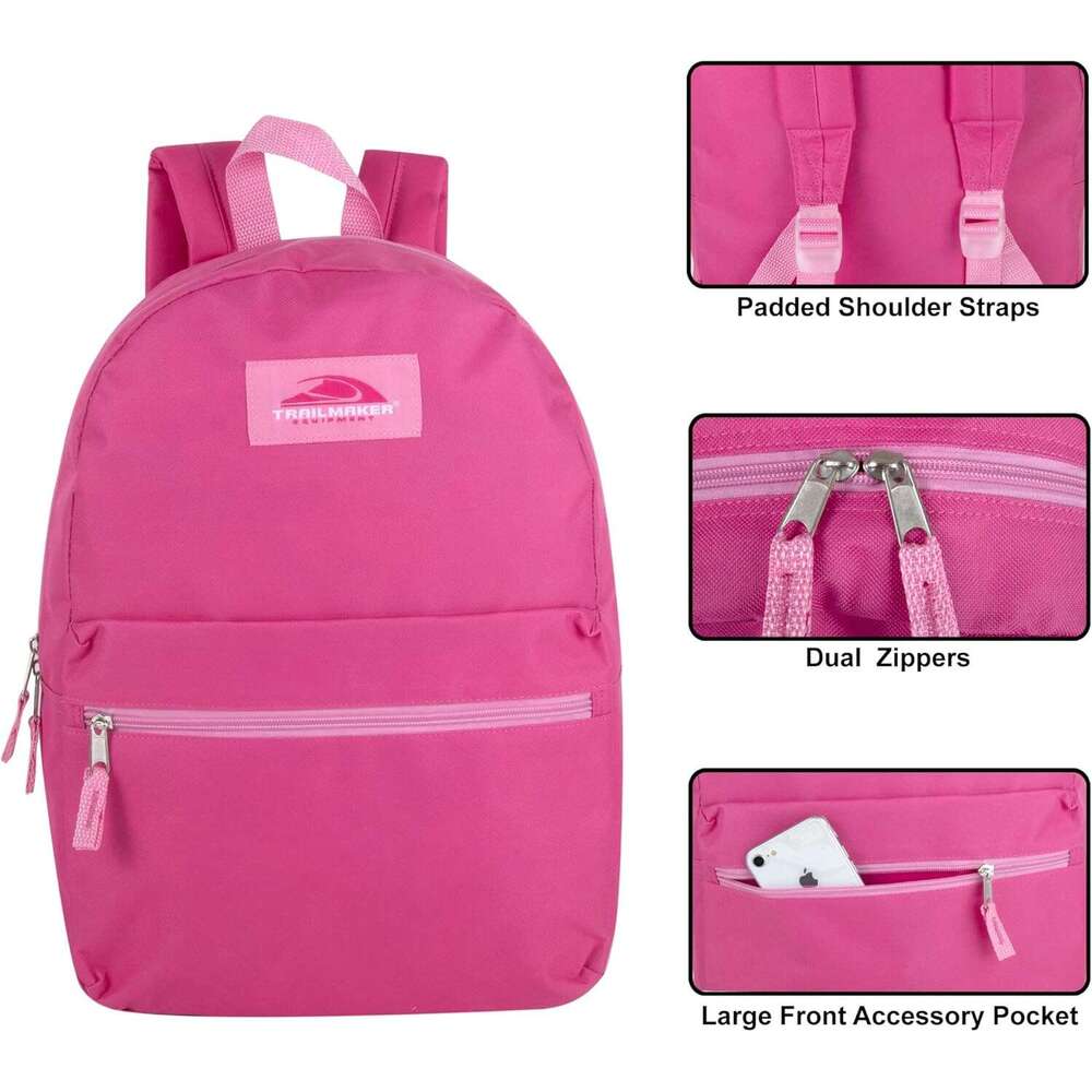 Classic 17 Inch Backpack with Adjustable Padded Shoulder Straps (Pink)