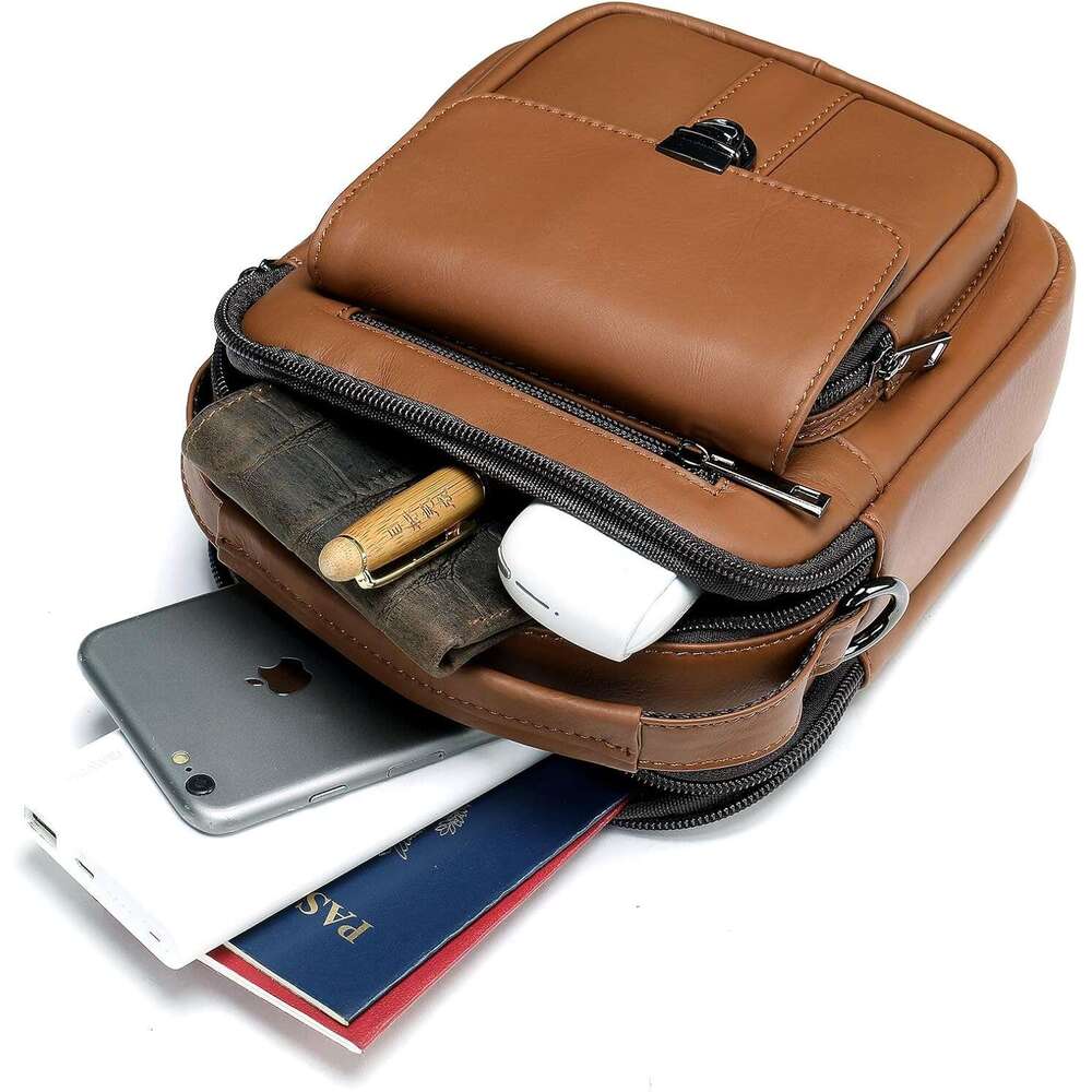 Man Purses Bags Small, Mini Genuine Leather Messenger and Shoulder Bag for Men with lots of Zipper Pockets