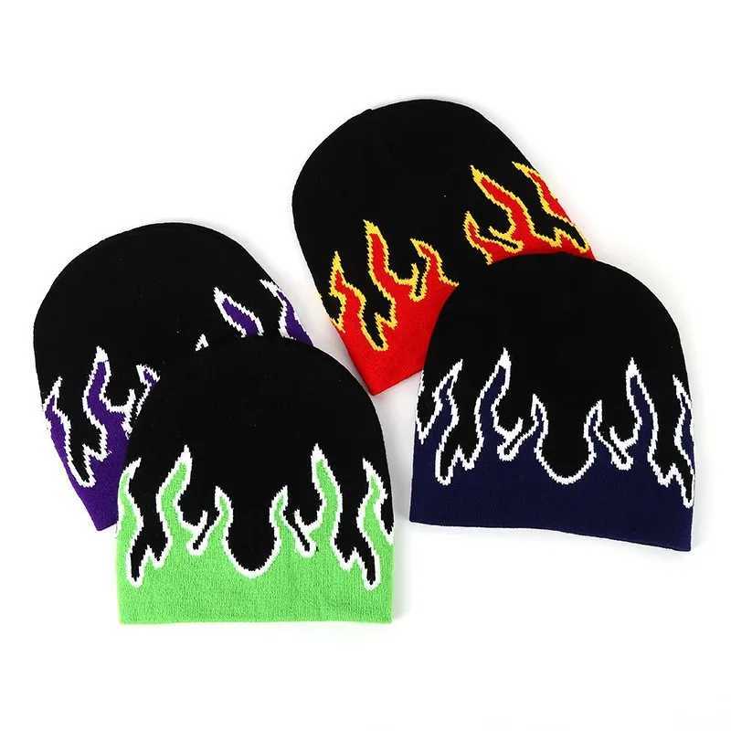 Beanie/Skull Caps Fashionrylic All Over Flame Pattern Beanie Custom Winter Knitted Hat Printed Jacquard Beanies H241010