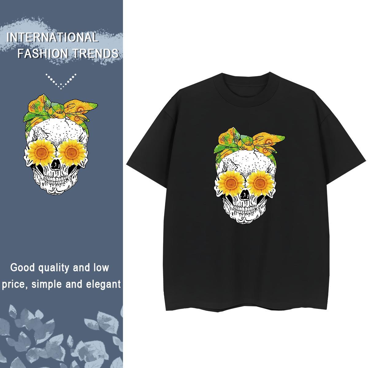 2024 DIY Woman T Shirts 230g 100% Cotton Short Sleeve O-Neck Street Casual flower Womens Tshirts Female Skull Tees