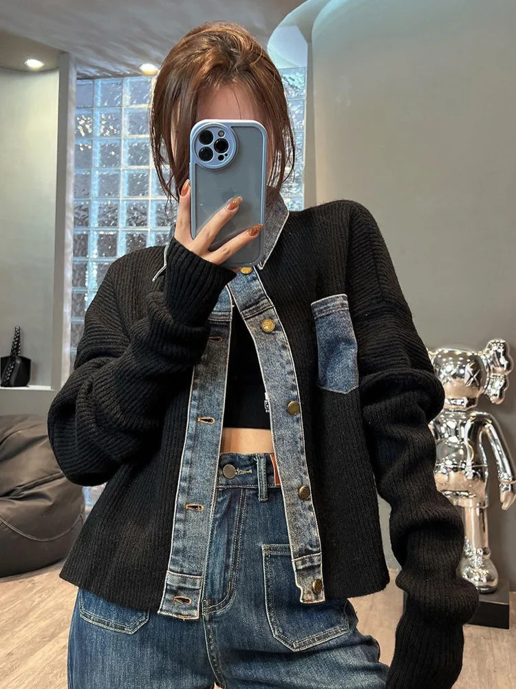 Vintage Denim Patchwork Loose Fashion Crop Knitted Cardigan Top For Womens Autumn Stitching Sweater 241007