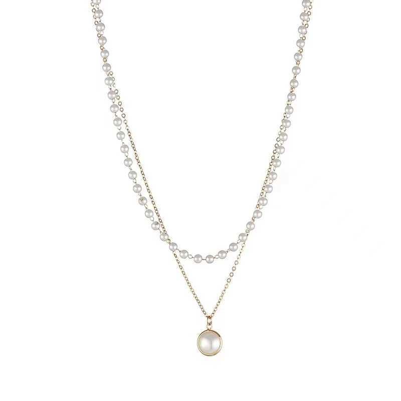 1 set of white large pearl multi-layer retro style womens titanium steel plated 18k gold necklaceX241009