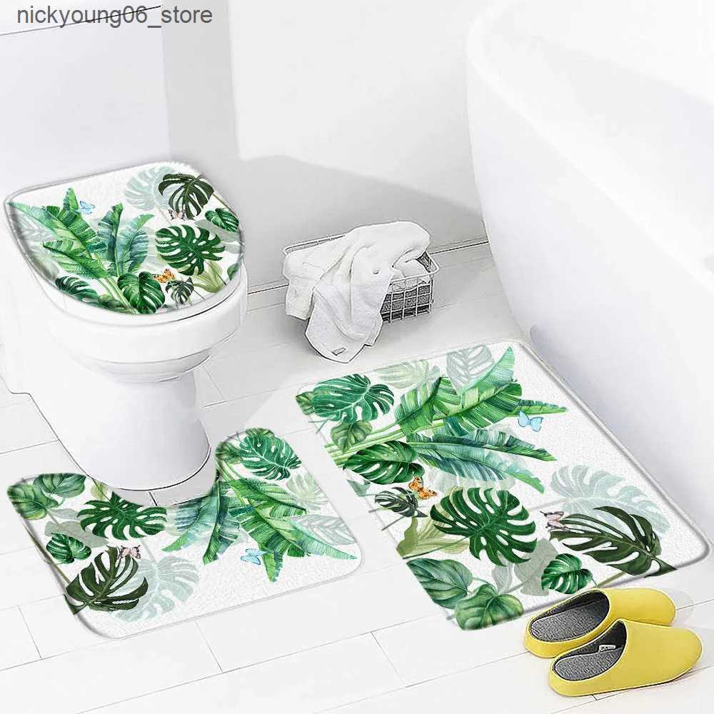 Non-Slip Bath Mats Tropical Leaves Bath Mat Set Watercolour Plants Green Gold Palm Leaf Monstera Flannel Bathroom Decor Non-Slip Rugs Toilet Cover L24