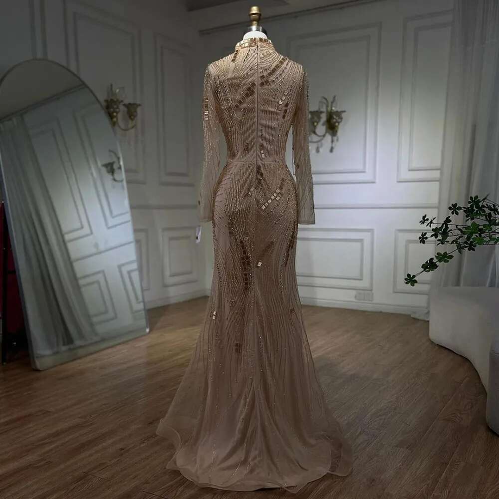 Wasisi Dubai Gowns Prom Dress Nude Illusion Pearls Beaded Feathers Mermaid Long Evening Dresses 2024 For Women Party