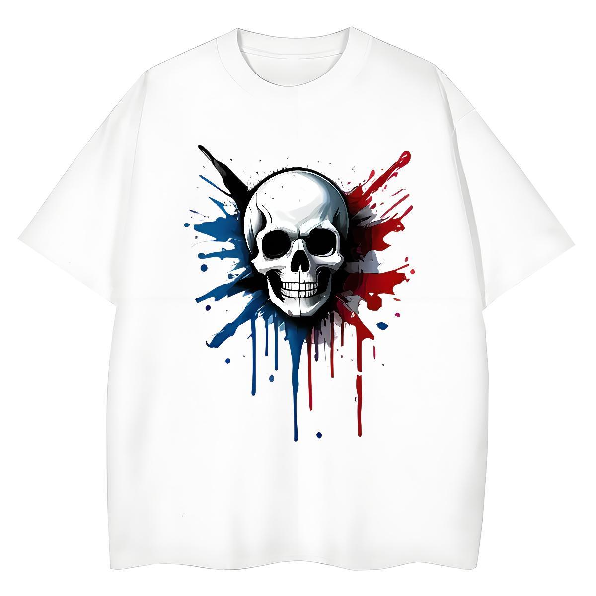 2024 Casual T-Shirts 230g Pure Cotton Round Neck Short Sleeve Daily Outfit skull Women Tshirts Loose DIY Anime Printed Clothes Shirt