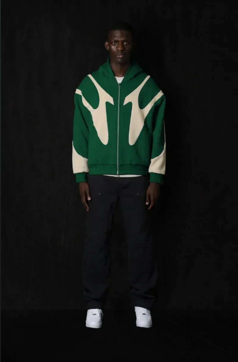 American Y2K Green Stitching Oversized Zipper Mens Hoodie Harajuku Trend Hiphop Gothic Retro Sweatshirt Casual Street Wear 241008
