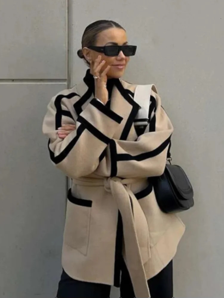 Casual Lace Up Womens Coat Cardigan Long Sleeve Winter Outerwears Fashion High Street Elegant Warm Jacket Female Commut Coats 240930