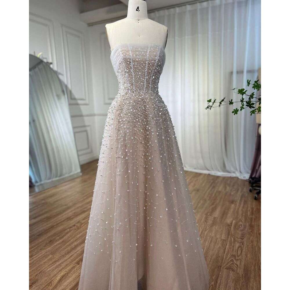 Serene Hill Arabic Beige Strapless A e Beaded Elegant Long Evening Dresses For Women Wedding Party With Gloves 2024 GLA72009