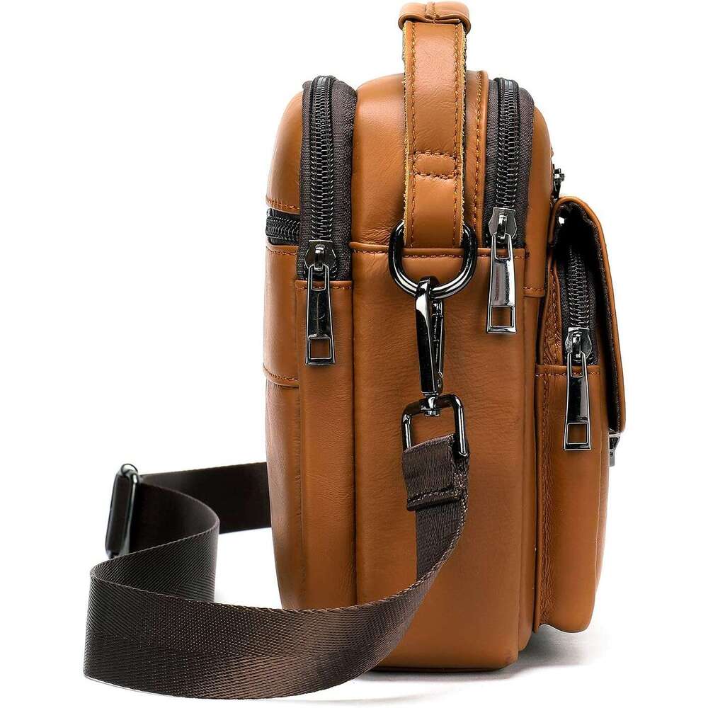 Man Purses Bags Small, Mini Genuine Leather Messenger and Shoulder Bag for Men with lots of Zipper Pockets