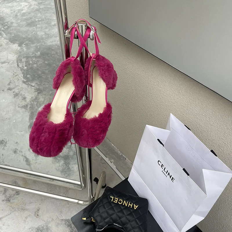 Fur Slippers Womens Square Heel Shoes Women High-heeled Furry Drag Fashion Outdoor All-match Sandals Furry Slides Flip Flop 241010