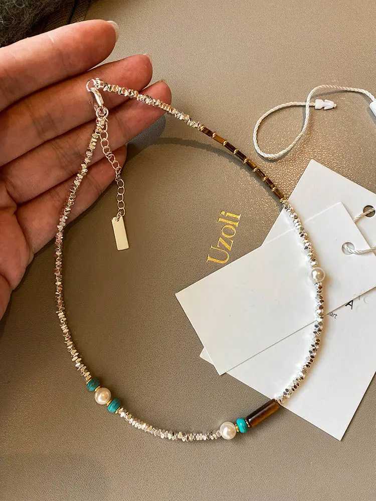 Natural stone pearl beads silver plated necklace female light luxury niche collarbone necklace accessoriesX241010