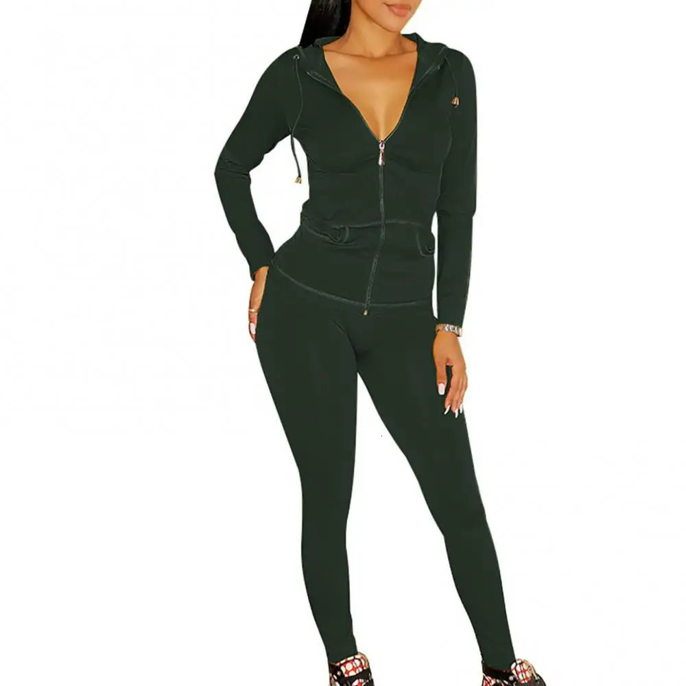 Womens long sleeved hooded pocket jacket tight pants sportswear 241007