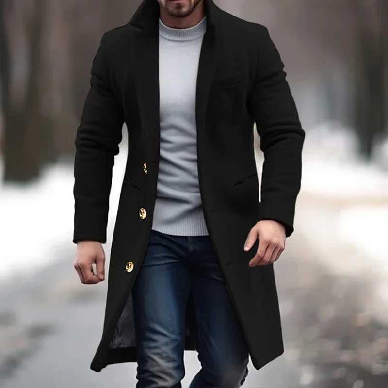 New Mens Mid Length Woolen Coat Winter Mens Single Breasted Wool Coat 2024 Mens Suit Collar Solid Color Office Pocket Jacket LX241010