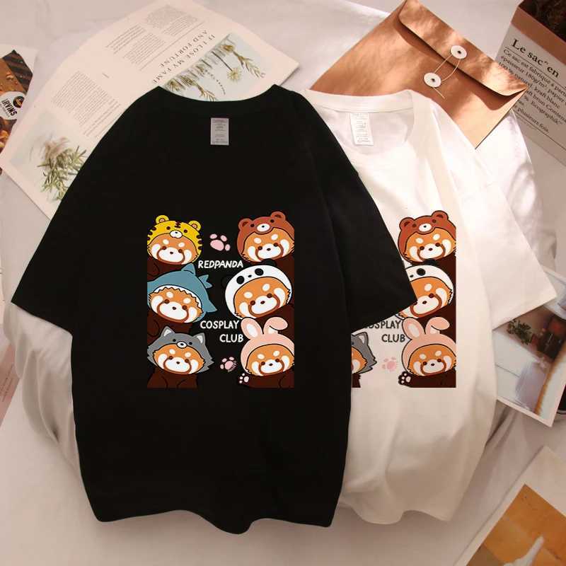 Interesting panda and raccoon illustrations printed mens and womens short sleeved summer cotton breathable T-shirt casual loose T-shirtW240716