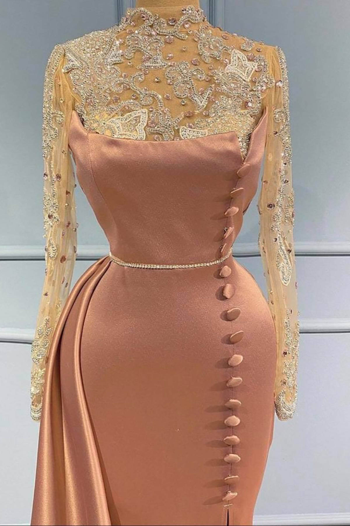 Classic Mermaid Evening Dress Sequins Crystal Appliques High Neck Long Sleeve Prom Gowns Split Formal Dresses Custom Made