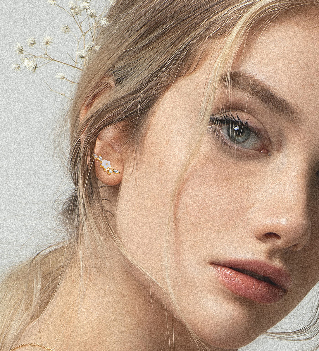 TUPMI 20G Cartilage Earrings for Women 14K Gold Stainless Steel Flat Back Cartilage Stud Earrings for Sensitive Ear Leaf Opal CZ Handmade Helix Conch 