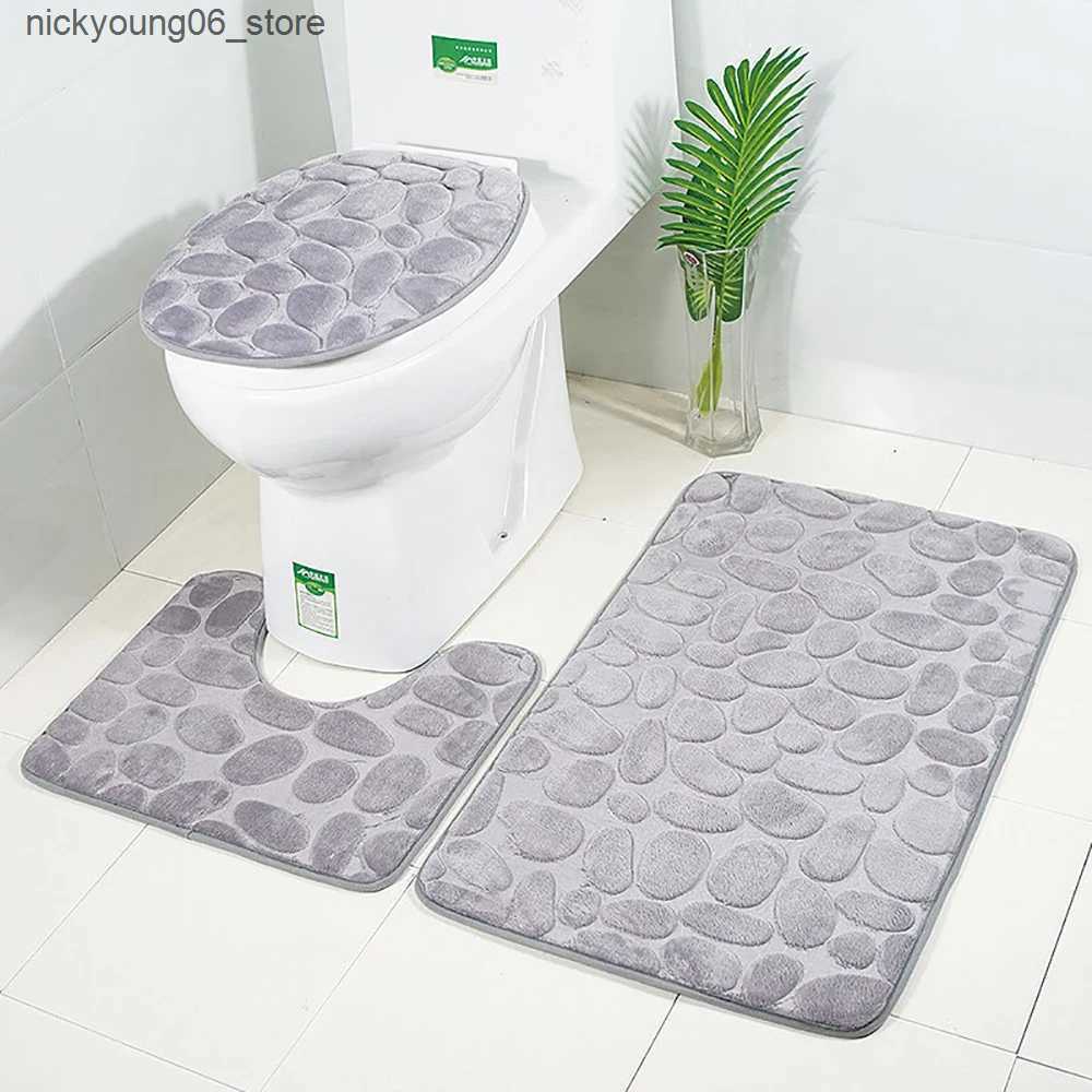 Non-Slip Bath Mats Set of 3 Bathroom Bath Mat Set Soft Non Slip 2PCS Cobblestone Mat Bathroom Rug Absorbent Shower Carpets Toilet Lid Cover Floor L240