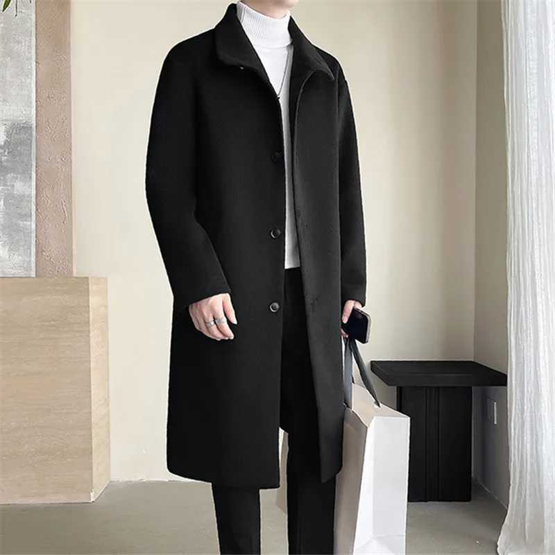 Autumn Winter Male Wool Blend Coats Fashion Long Business Casual Woolen Outwear Men Turn Down Collar Trench Coat Winbreaker Man LX241010