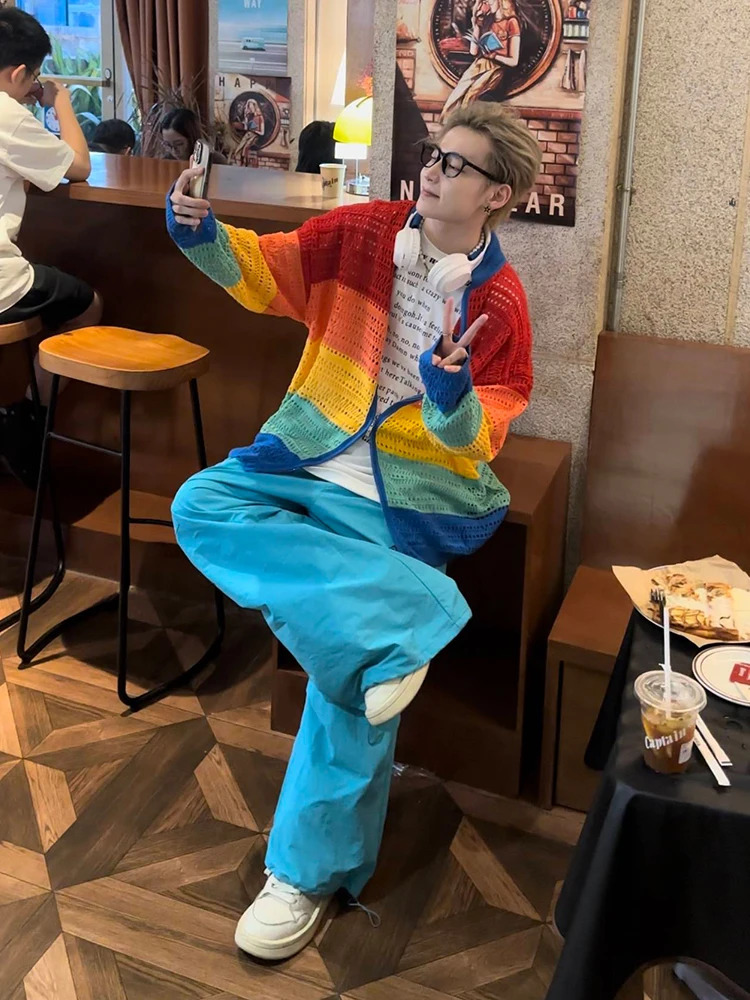 Colorful cardigan mens loose Japanese style street handsome Y2k aesthetic fully matched spring and summer unisex fashion casual 241007