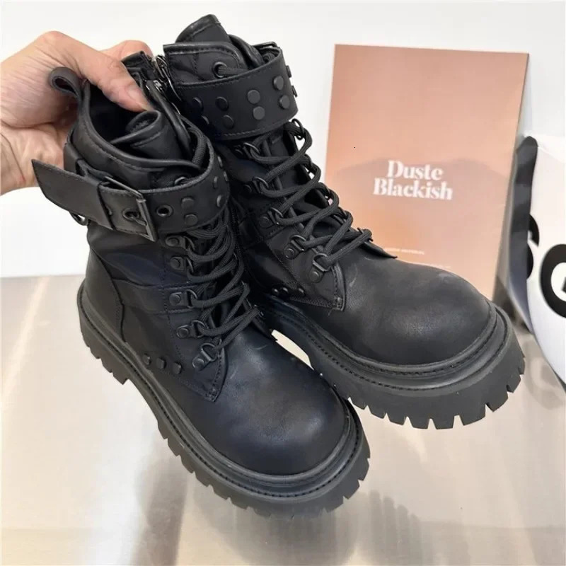Buckled platform combat boots womens short and chubby high heels lace ankle boots womens side zippers PU leather short boots 241007