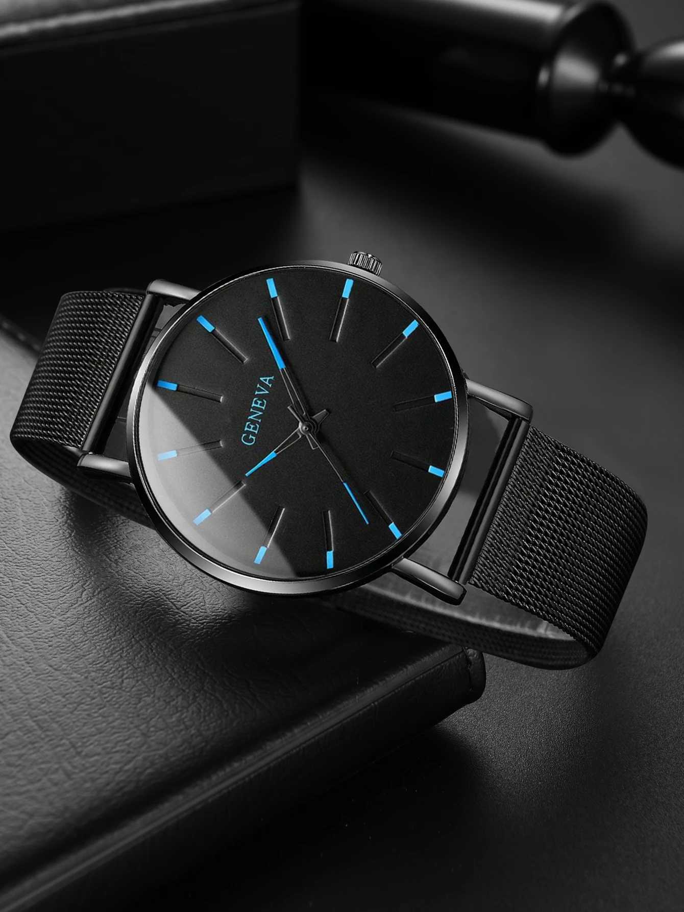 5PCS Set Mens Fashion Ultra Thin Watches Men Business Casual Quartz Wrist Watch Luxury Black Stainless Steel Mesh Belt WatchX241010