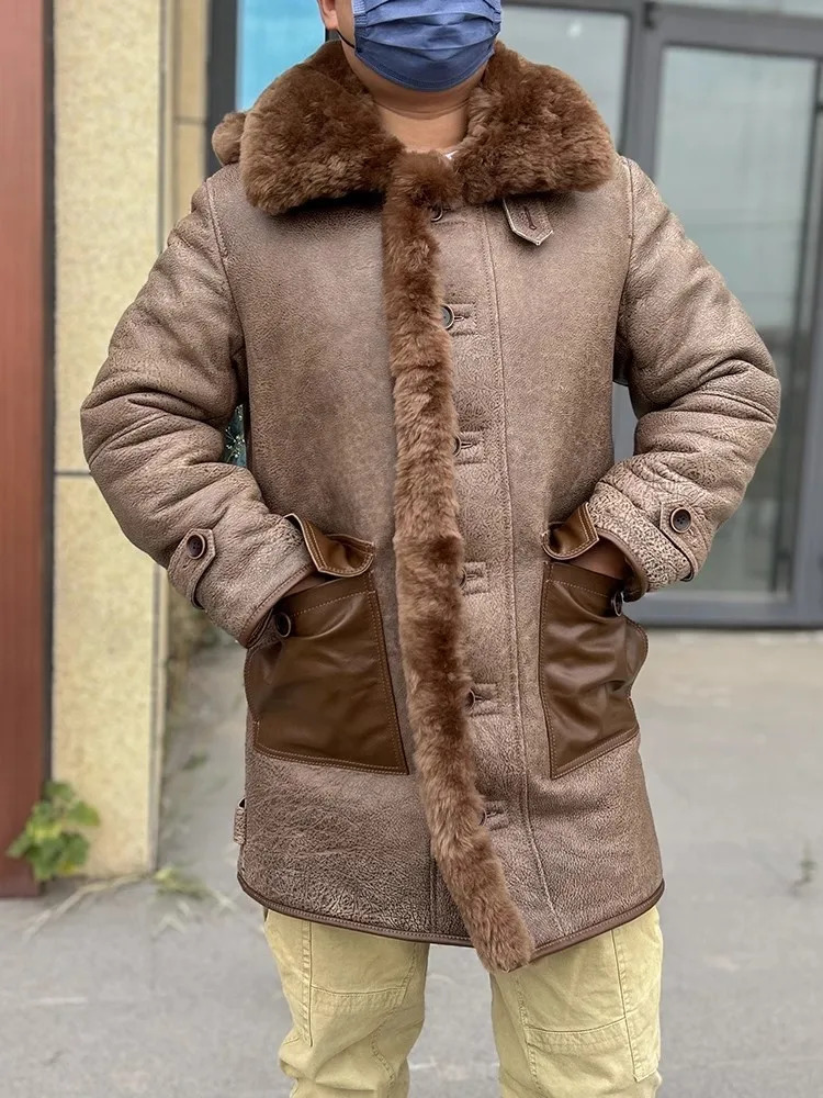 Mens fur coat winter thick warm wool lining single chest genuine leather wool coat medium length hooded coat 240927