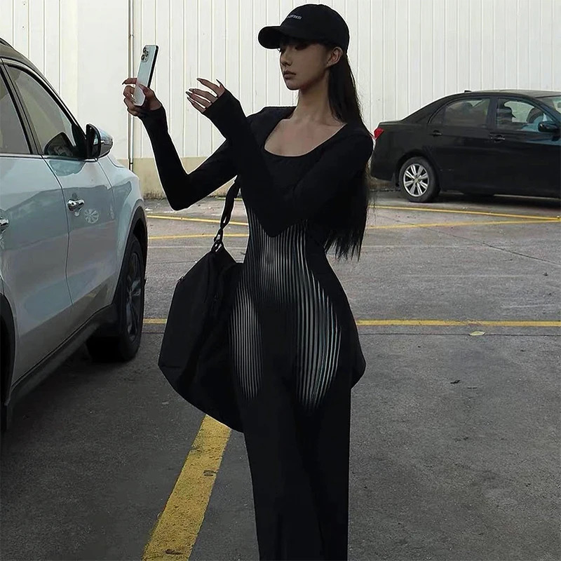 CUTENOVA Women Square Collar Long Sleeve Dress High Waist Abstract Sexy Stripe Body Print Dress Casual Wrap Hipster Mermaid Dres 241010