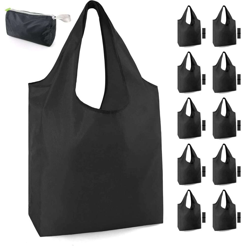 BeeGreen 10 Pack Black Storage Pouch Reusable Shopping Bulk with Elastic Band 50LBS X-Large-Foldable-Washable-Heavy Duty-Waterproof Grocery Tote Bags