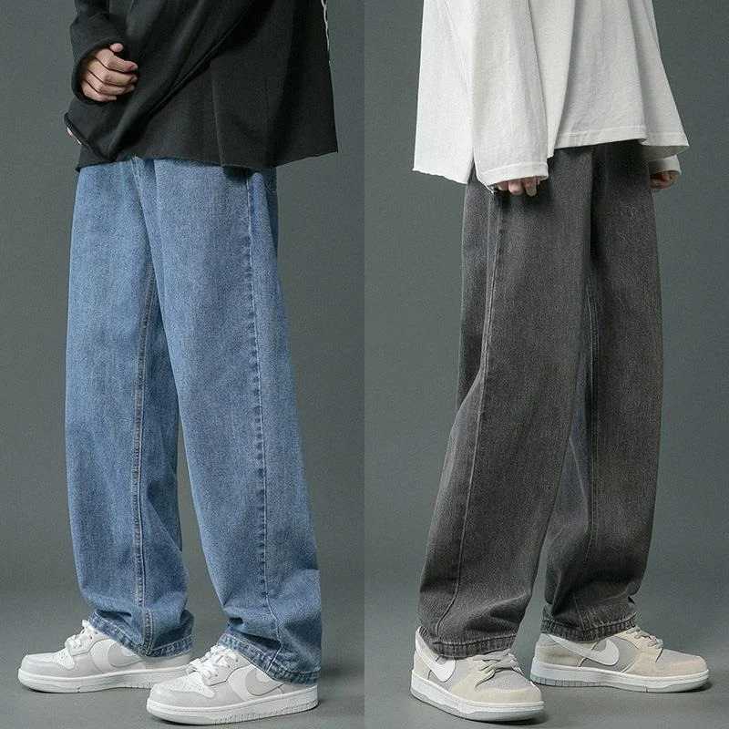 Korean Mens Casual Hip Hop Long Baggy Jeans Classic Man Straight Wide Leg Denim Pants Light Blue Grey Black Streetwear TrousersX241009