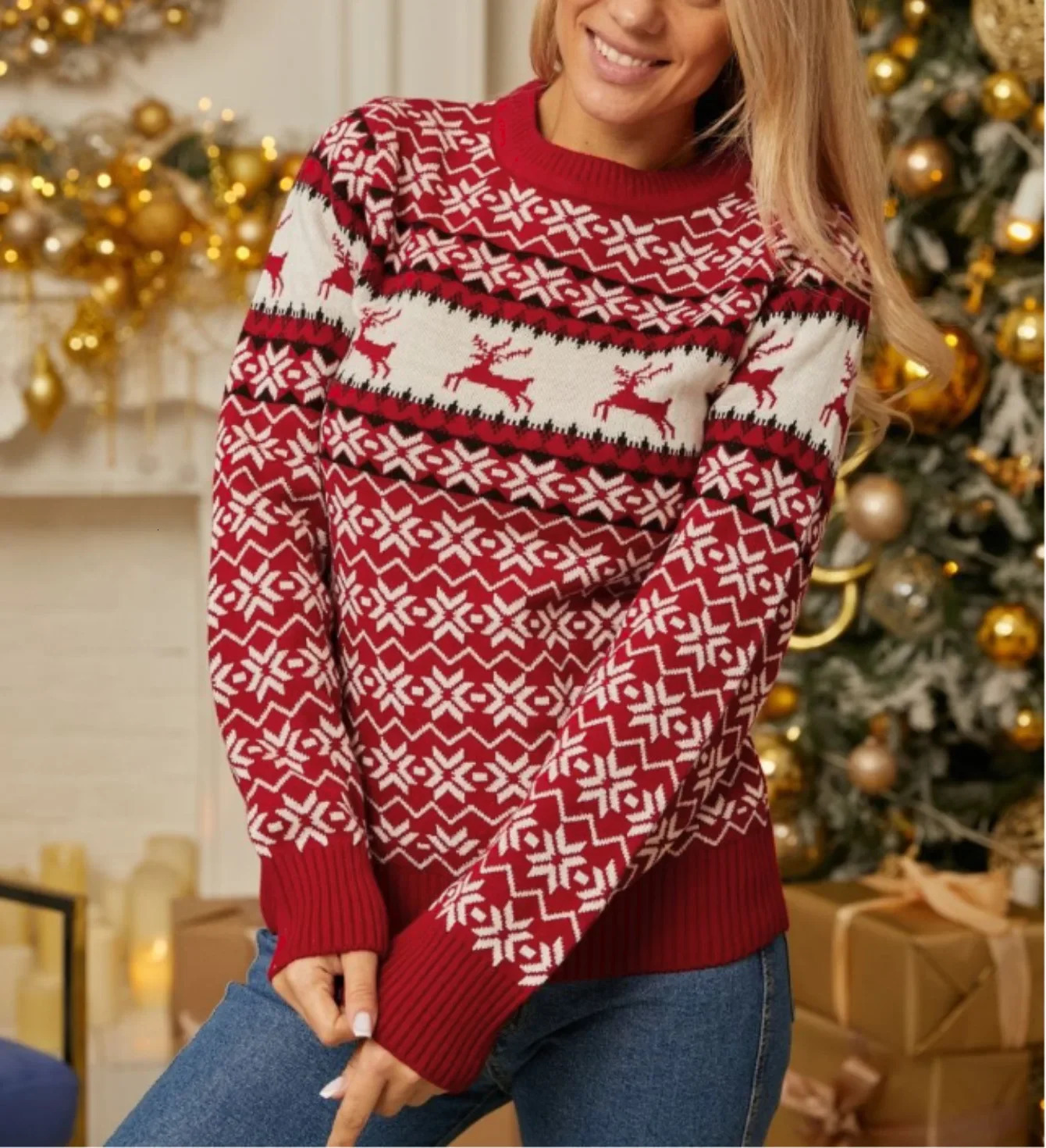 2024 Winter Women Christmas Sweaters Jacquard Knitwear Long Sleeve O Neck Casual Soft Jumper Warm Thicken Pullover Top Xmas Look 241010