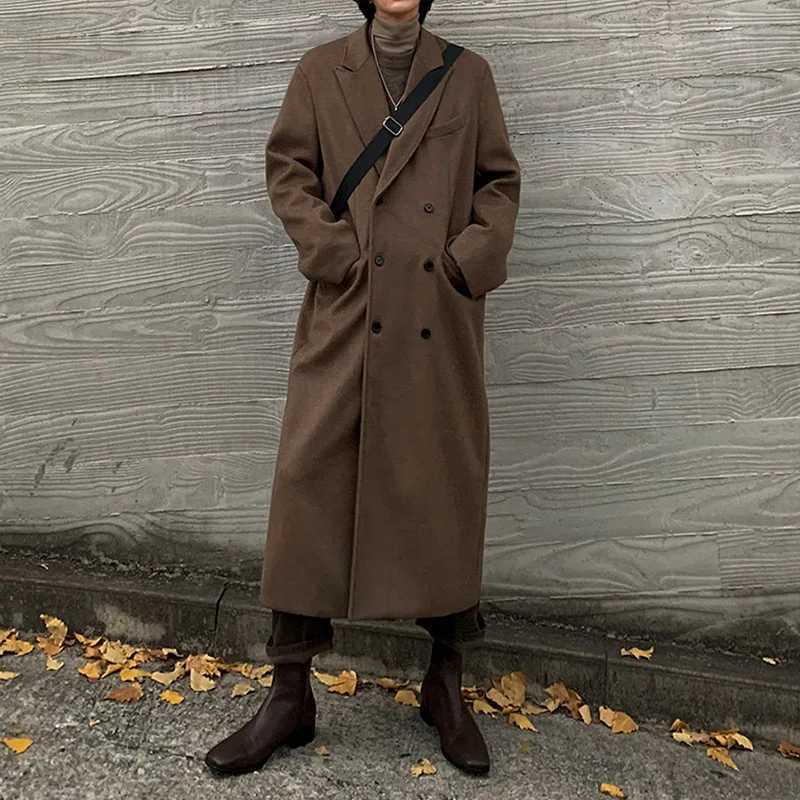 Woolen Coat Mens Long Autumn and Winter Thickened Korean Version Loose Fashion Casual British Trench Coat LX241010