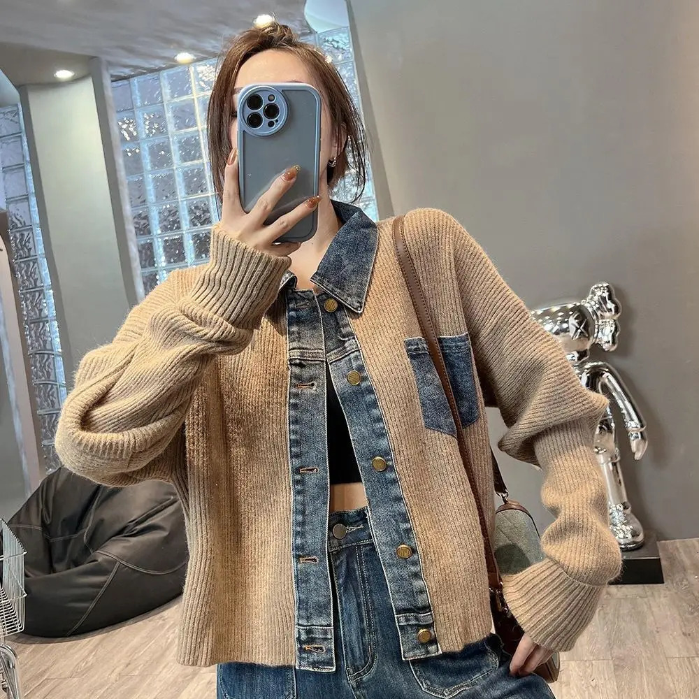 Vintage Denim Patchwork Loose Fashion Crop Knitted Cardigan Top For Womens Autumn Stitching Sweater 241007